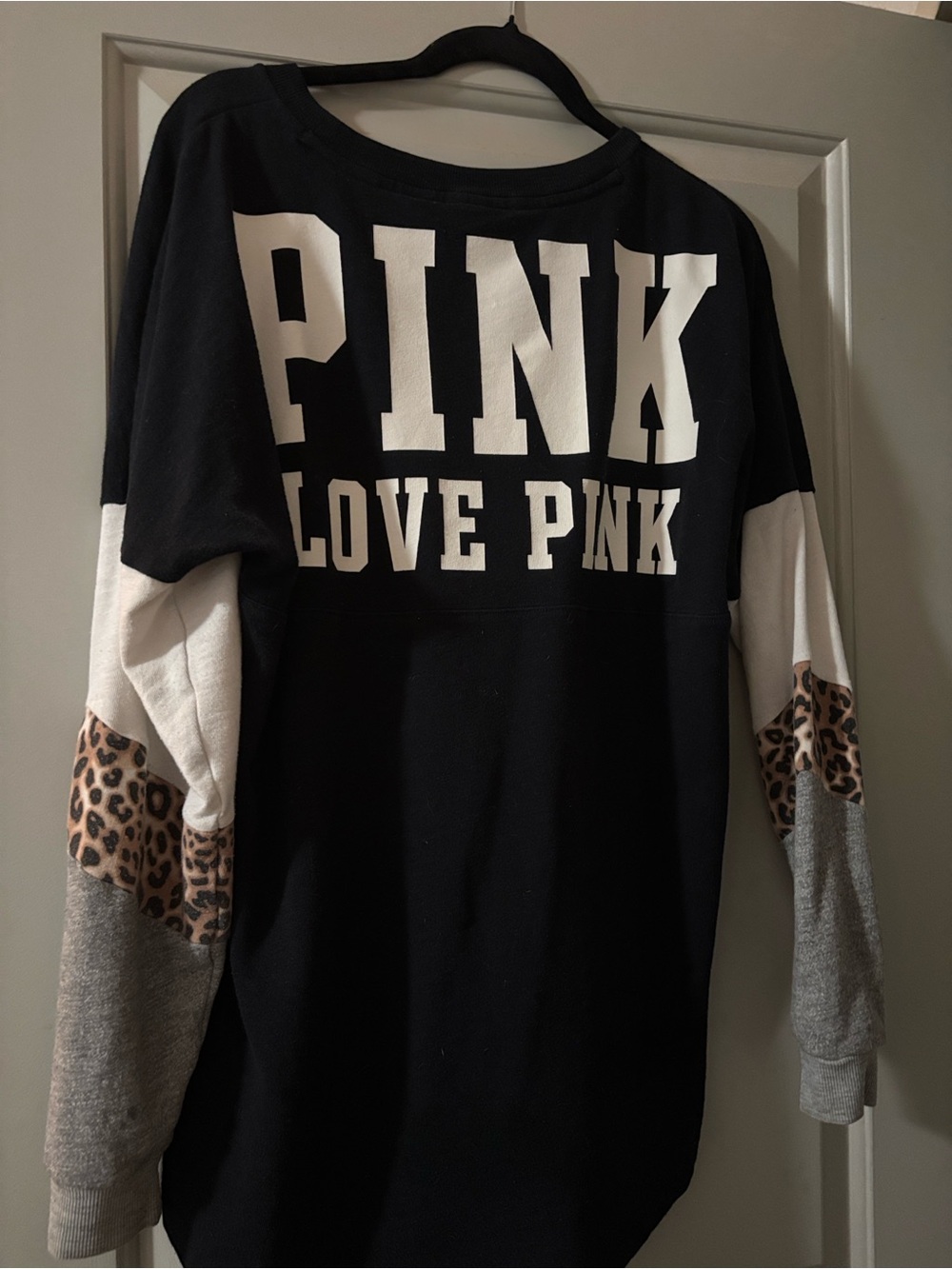 PINK Victoria's Secret Black Sweatshirt with White, Gray & Leopard Sleeve Panels